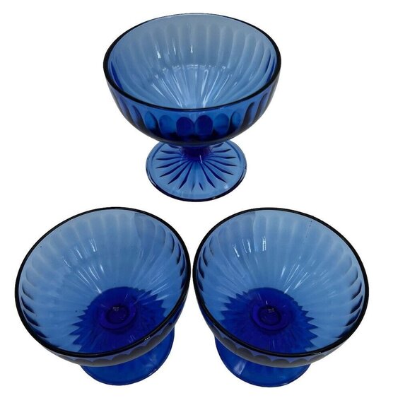 3 Vintage Hazel Atlas Aurora Colbalt Blue Footed Coupes Dessert Bowl Depression - Picture 3 of 6
